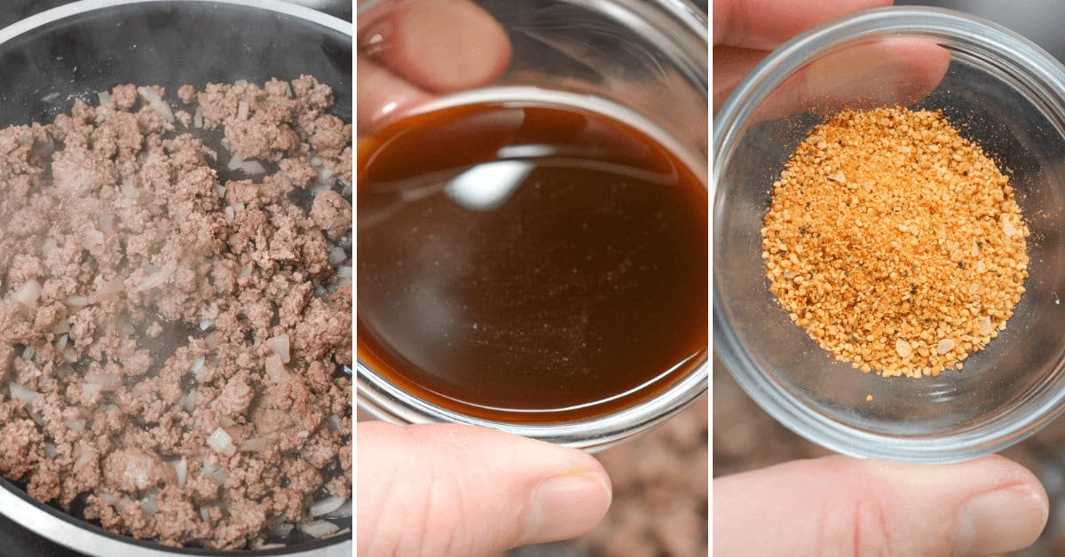 Three images: sizzling ground beef in a pan, a small bowl of savory brown liquid, and a seasoning mix that brings Big Mac Sloppy Joes to life.