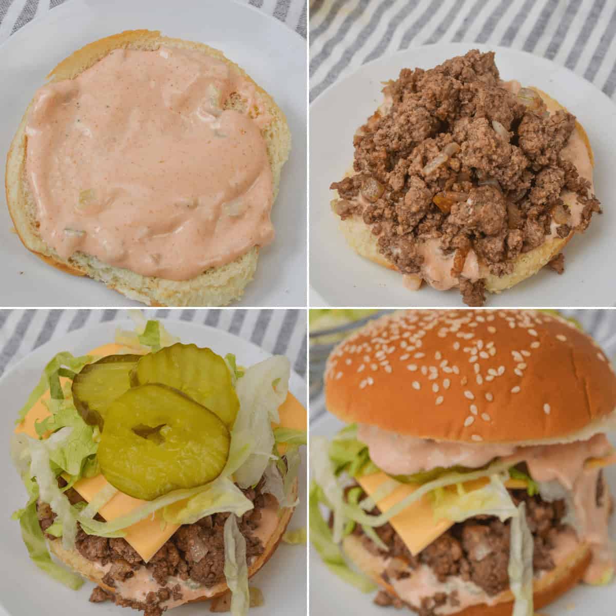 Assemble your burger in a four-step process reminiscent of a Big Mac: start with a bun slathered in sauce, add the meat, then top it with lettuce, cheese, and pickles before finishing it off with that classic sesame seed bun.