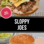Two images reveal mouthwatering creations: a "Sloppy Joes" burger with a sesame seed bun, lettuce, cheese, ground beef, and sauce; alongside the iconic "Big Mac," both bursting with flavor and inviting indulgence.