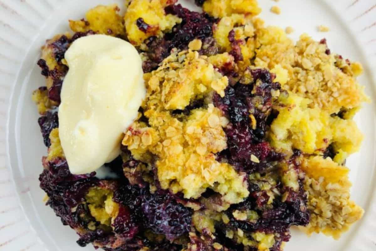 Close-up of a piece of blackberry dump cake, served on a white plate and topped with some vanilla ice cream.