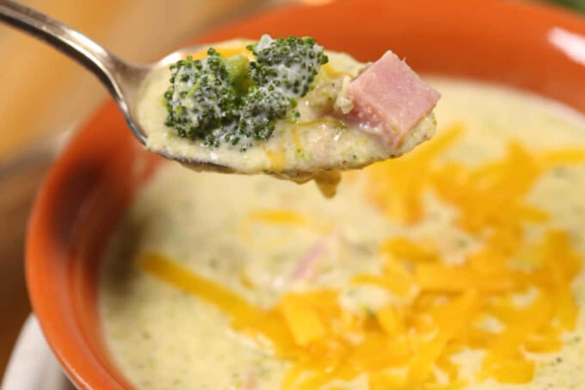A close-up of a spoonful of creamy soup with broccoli, diced ham, and melted cheddar cheese, held above a bowl filled with the same cozy vegetable soup—perfect to warm up on a chilly day.