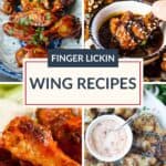 A vibrant collage of four delicious chicken wing dishes with flavorful sauces, featuring the text “Finger Lickin Wing Recipes” in the center, perfect for anyone craving mouthwatering chicken wings.