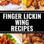 Four images of sauced chicken wings in various flavors are arranged around the text “Finger Lickin Wing Recipes,” showcasing mouthwatering wing recipes perfect for any occasion. The website “itisakeeper.com” appears at the bottom.