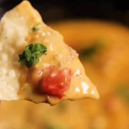 A tortilla chip topped with melted cheese, red tomato pieces, and a green herb garnish is the perfect snack to score big points at your Super Bowl party.