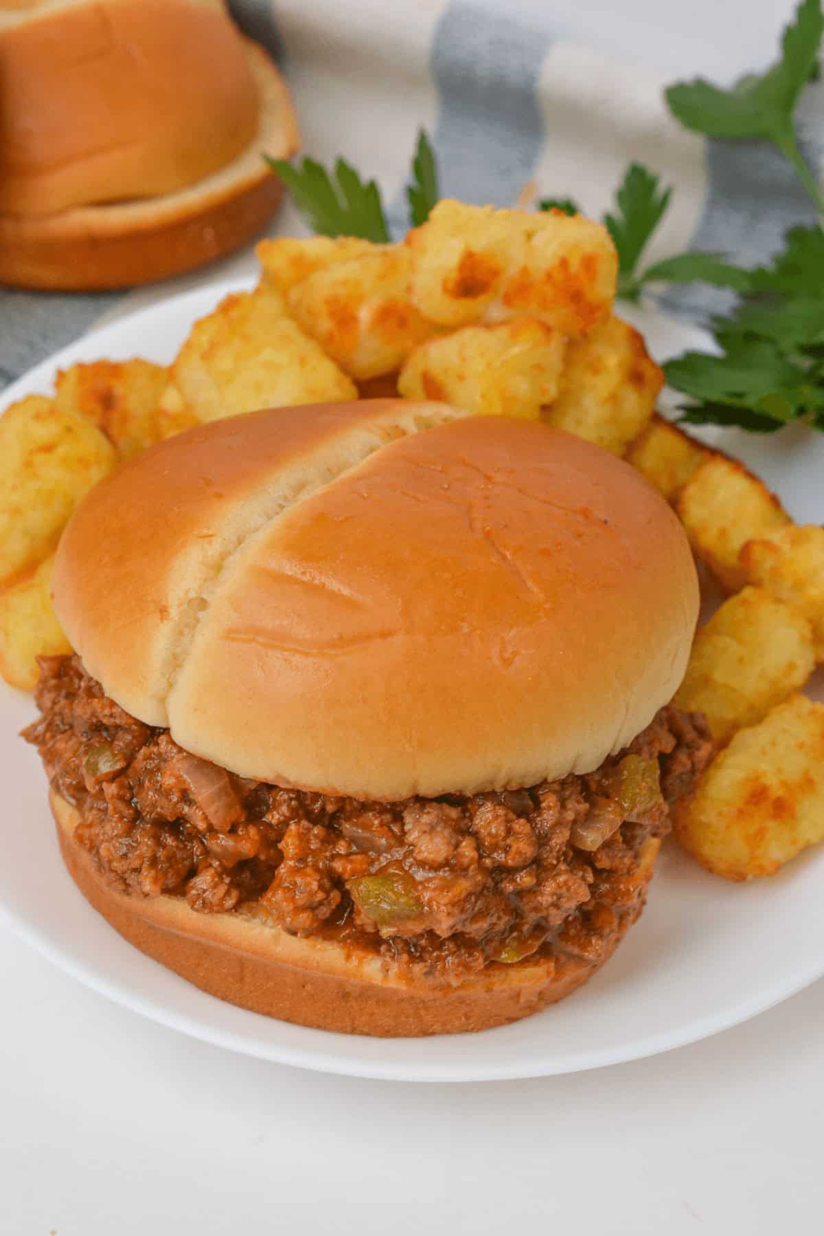Crock Pot Sloppy Joe sandwich with a bun, ground beef filling, served on a plate with a side of golden tater tots and garnished with parsley.