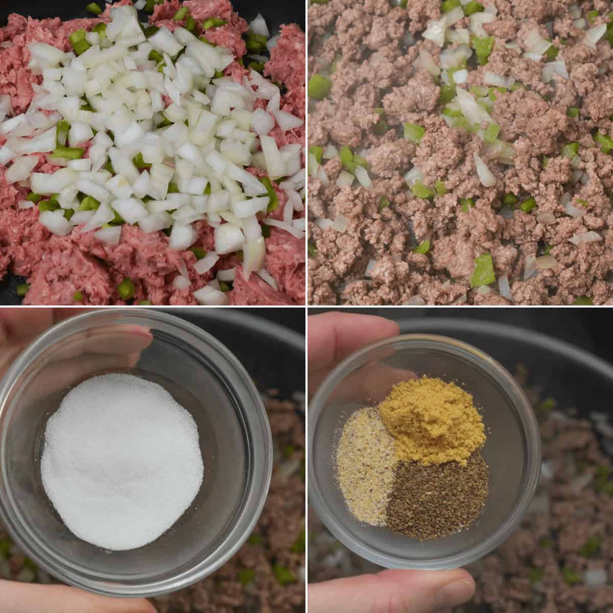 Four images showing: raw ground beef, onions, and green peppers; cooked meat mixture; a bowl of sugar; a bowl of various spices, including mustard powder and pepper. Perfect for transforming into delicious Crock Pot Sloppy Joes that simmer with rich flavor.