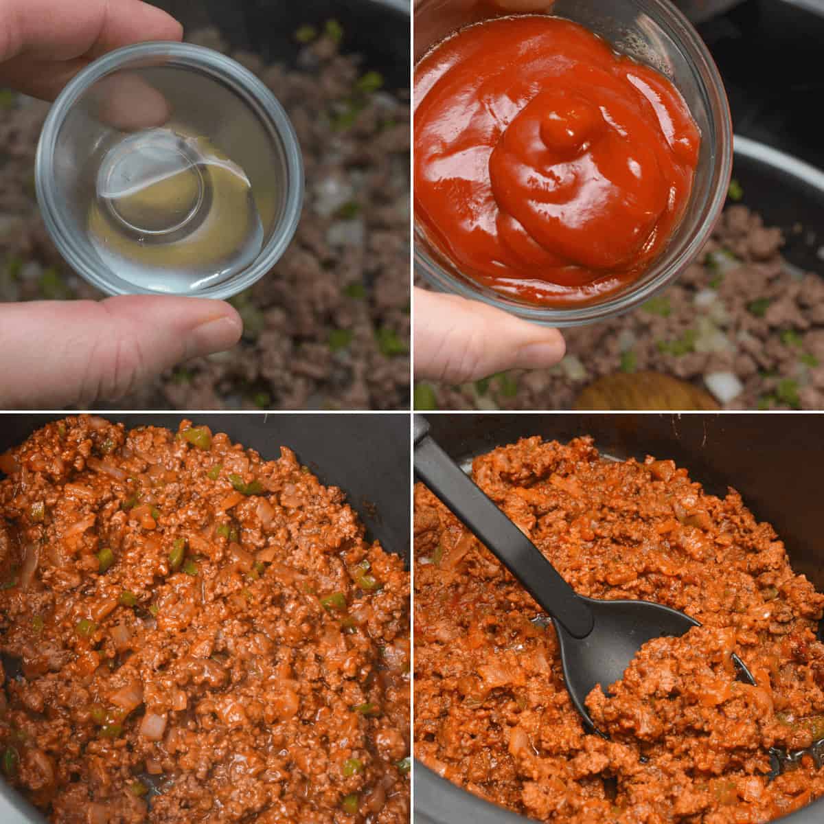 Prepare delicious Crock Pot Sloppy Joes by slowly combining and stirring ground beef, ketchup, and other seasonings in your pan for a rich, savory delight.