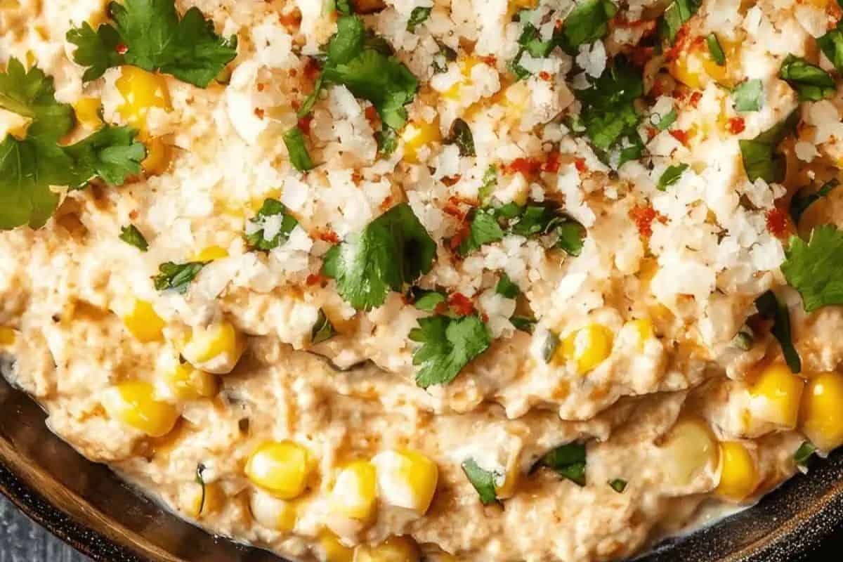 Close-up of an irresistible corn dip topped with cilantro, crumbled cheese, and spices in a bowl—a perfect choice for Super Bowl dips that'll score big points at any gathering.