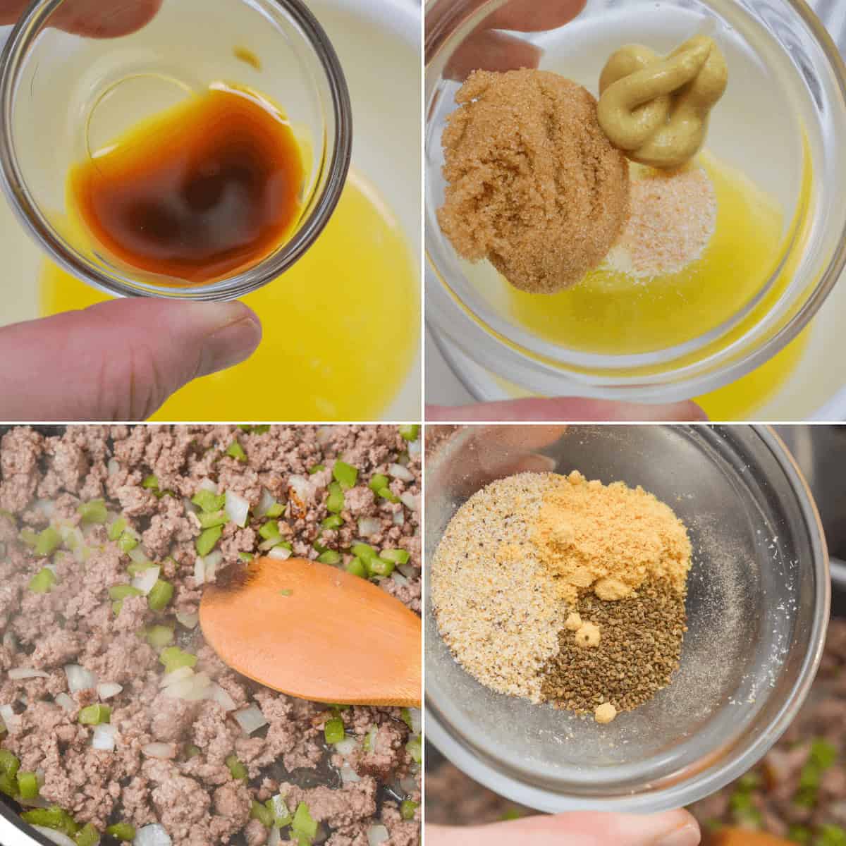 Collage of cooking steps for Sloppy Joe Sliders: sauce ingredients in a bowl, brown sugar and mustard mixture, ground beef cooking with onions and peppers, and a spice mix in a glass bowl.