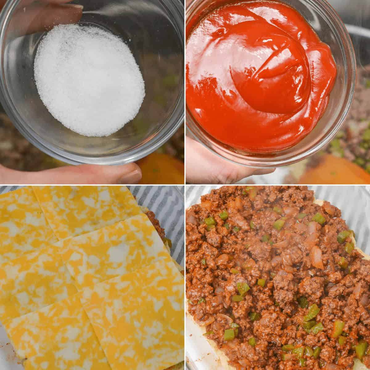 Four images showcasing essential ingredients for Sloppy Joe Sliders: a bowl of sugar, a bowl of ketchup, sliced cheese, and cooked ground beef mixed with peppers and onions.