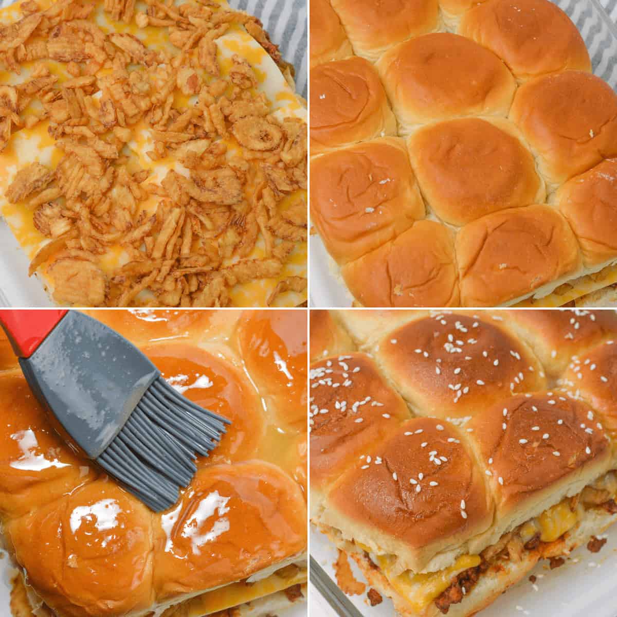 The four-step process for making sandwich layering with onions and cheese, topping with buns, brushing with butter, and baking with sesame seeds.