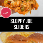 Two sloppy joe sliders with sesame seed buns rest invitingly on a plate, one being held. Text reads "Easy Sloppy Joe Sliders—perfect for any casual gathering or quick meal.