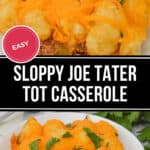 Savor this irresistible Sloppy Joe Tater Tot Casserole, a baked delight crowned with melted cheese and garnished with fresh chopped herbs.