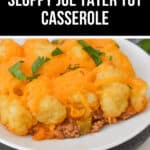 A savory plate of Sloppy Joe Tater Tot Casserole topped with melted cheese and garnished with fresh parsley, all served on a crisp white plate.
