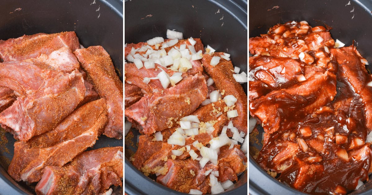Three steps of cooking slow cooker country style ribs: raw ribs with seasoning, ribs topped with chopped onions and garlic, and finally, country style ribs covered in barbecue sauce.