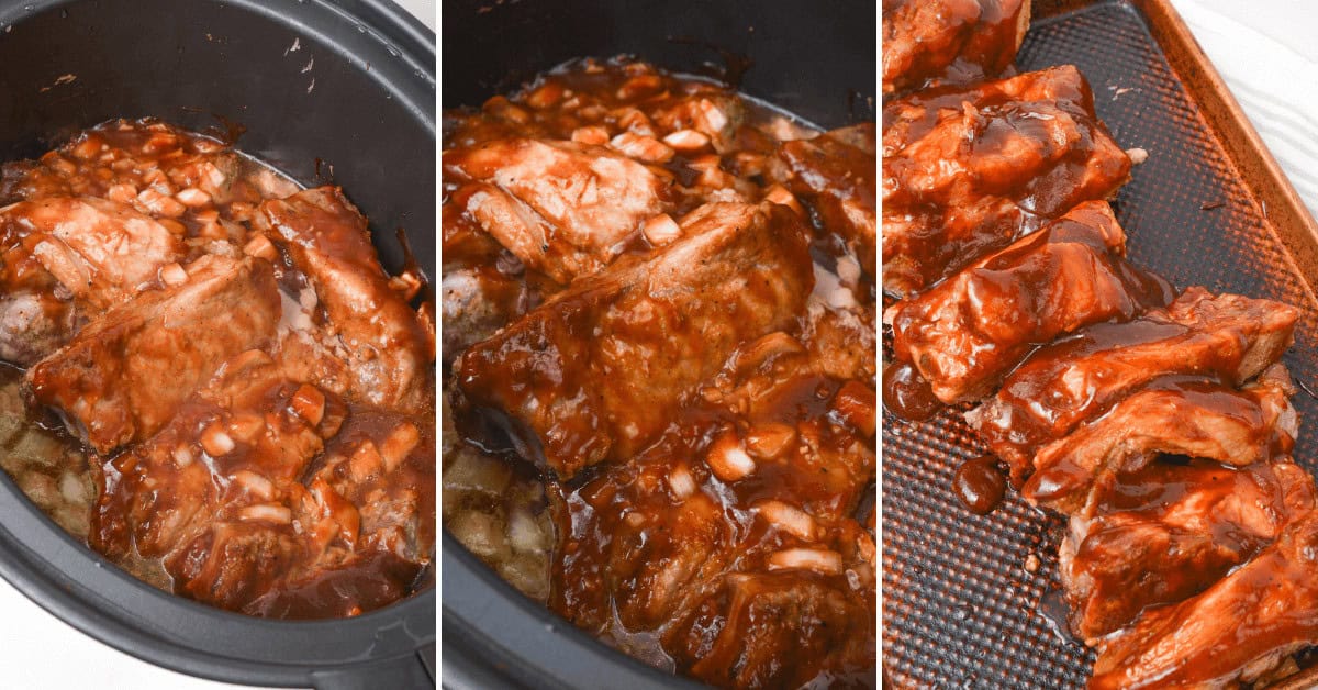 Slow-cooked, country-style ribs in a crockpot, smothered in rich barbecue sauce, sit enticingly next to sliced ribs on a cutting board.