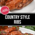 A dish of slow-cooked country-style ribs, tenderly prepared in a slow cooker and garnished with fresh herbs, accompanied by the text label "Country Style Ribs.