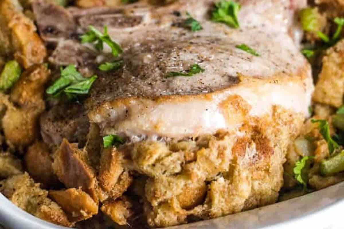 Close-up of some some stuffed pork chops, stuffed with a savory stuffing. 