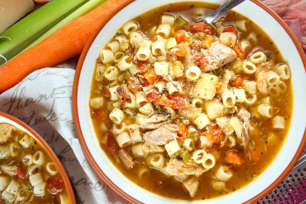 Bowl of chicken noodle soup with ditalini pasta, vegetables, and chunks of chicken, with a spoon in the bowl. This classic comforting soup is sure to warm your soul. Celery and carrot are visible in the background.