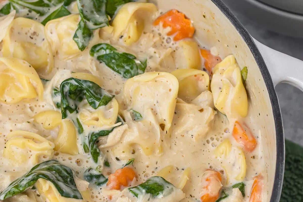 A comforting pasta dish with cheese tortellini, spinach, carrot slices, and a thick white sauce in a pot—sure to warm your soul like your favorite chicken soups.