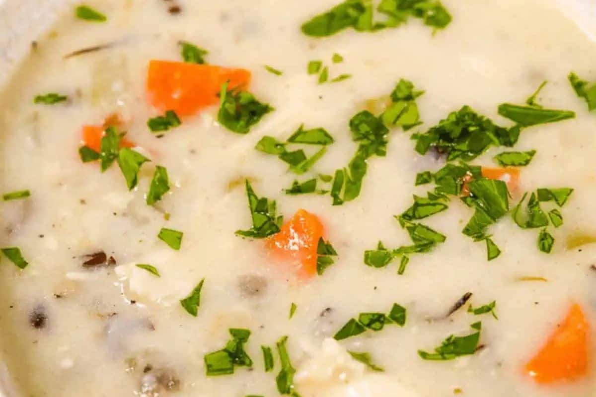 Close-up of a creamy soup featuring chopped carrots, herbs, and vegetables, garnished with fresh parsley—one of those comforting soups that will warm your soul.