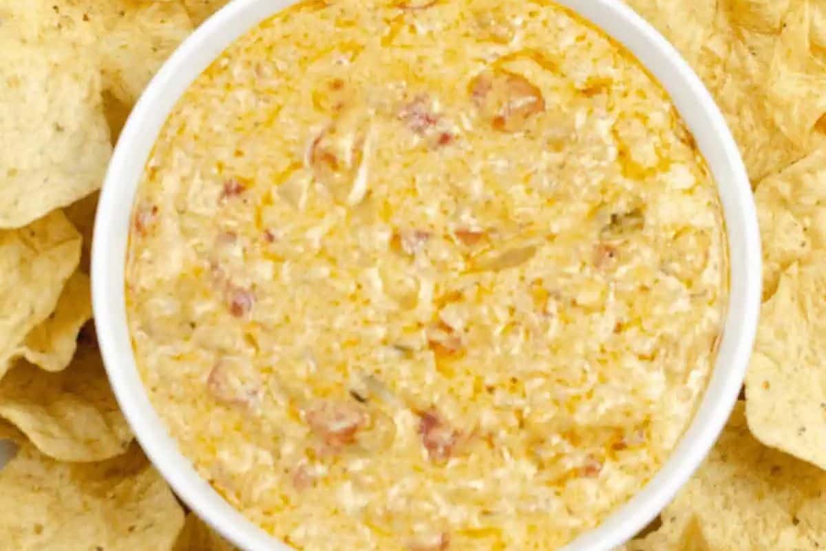 A bowl of creamy cheese dip with visible tomato pieces, surrounded by tortilla chips—perfect for your next gathering and a standout among Slow Cooker Dips.
