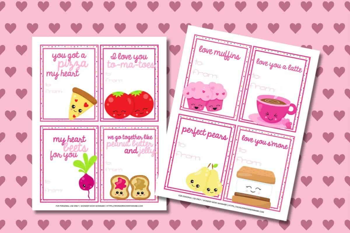 Two sheets of creative Valentines feature cartoon food illustrations and puns, like pizza, muffins, coffee, and more. These printable Valentines are perfect for kids to share fun and laughter on Valentine’s Day.
