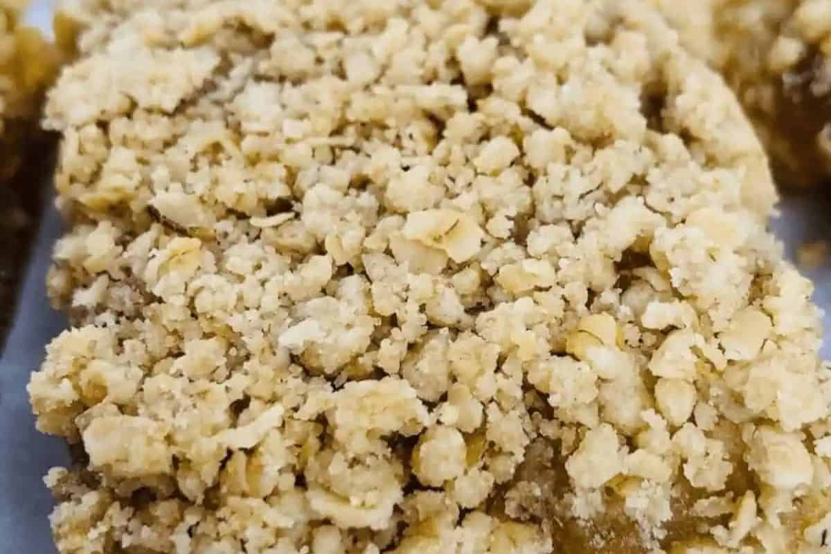Close-up of a crumbly oat-topped apple crisp bar on a platter, showcasing its textured surface reminiscent of delightful blondies.