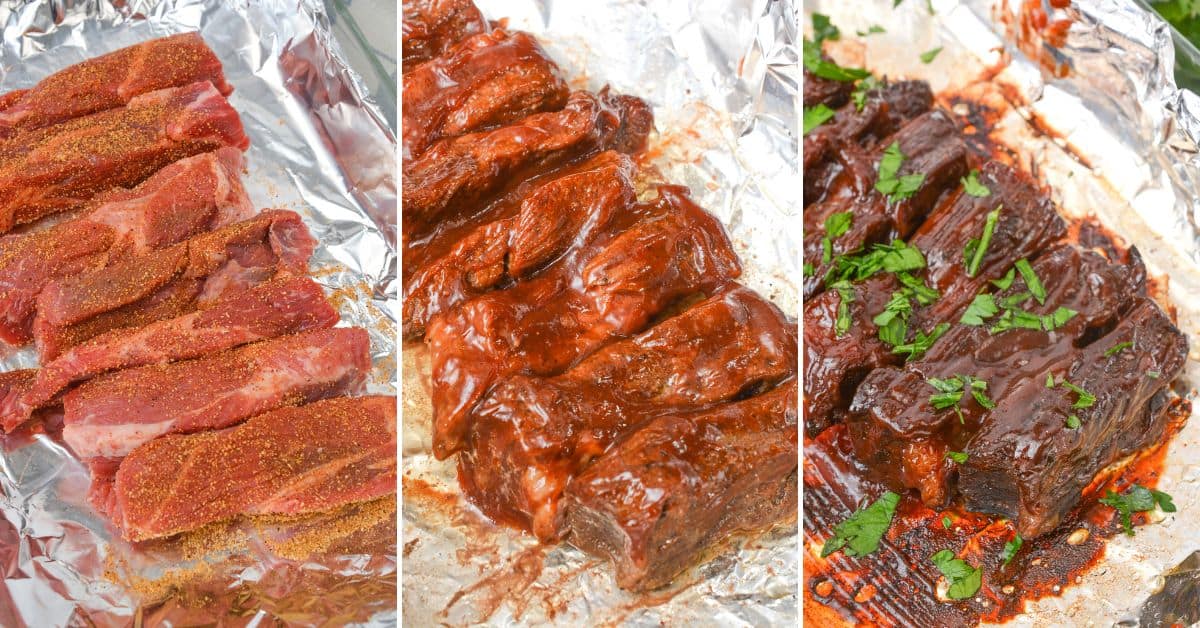 Three-panel image showing Baked Country Style Ribs on foil: first seasoned, then coated in sauce, and finally cooked and garnished with herbs.