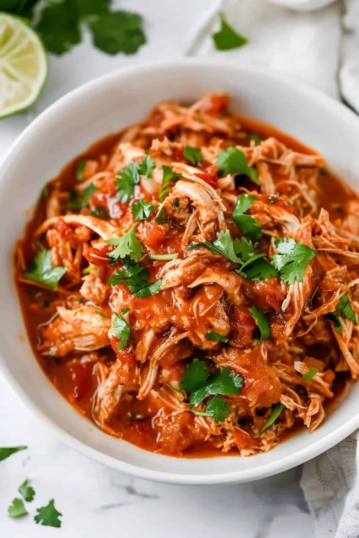 A bowl of shredded chicken in a tomato-based sauce, garnished with fresh cilantro, makes for one of those foolproof potluck recipes everyone loves. Perfect for sharing on a white surface.