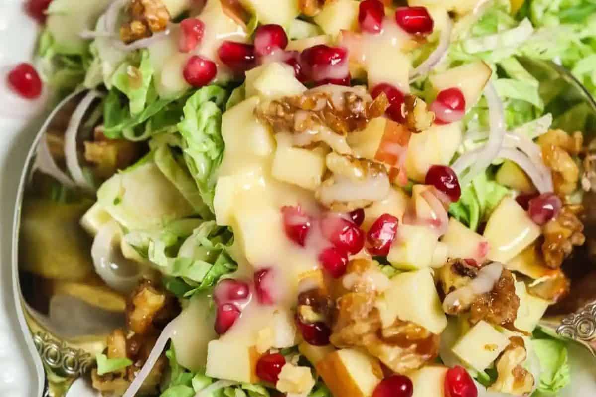 A close-up of a salad topped with chopped apples, walnuts, pomegranate seeds, sliced red onions, and creamy dressing on leafy greens—perfect for those seeking easy Weight Watchers recipes.