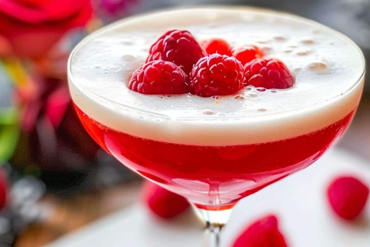 A cocktail glass brimming with a red beverage, crowned by a layer of foam and several raspberries, evokes the spirit of Galentine’s Day. More raspberries subtly blur in the background, capturing the essence of festive recipes for an unforgettable celebration with your bestie.