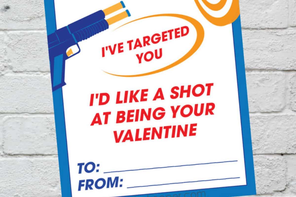 A fun Valentine’s card with a toy dart gun illustration and text that reads, “I’ve targeted you. I’d like a shot at being your Valentine. To: ____ From: ____.” Perfect printable valentines for kids!.