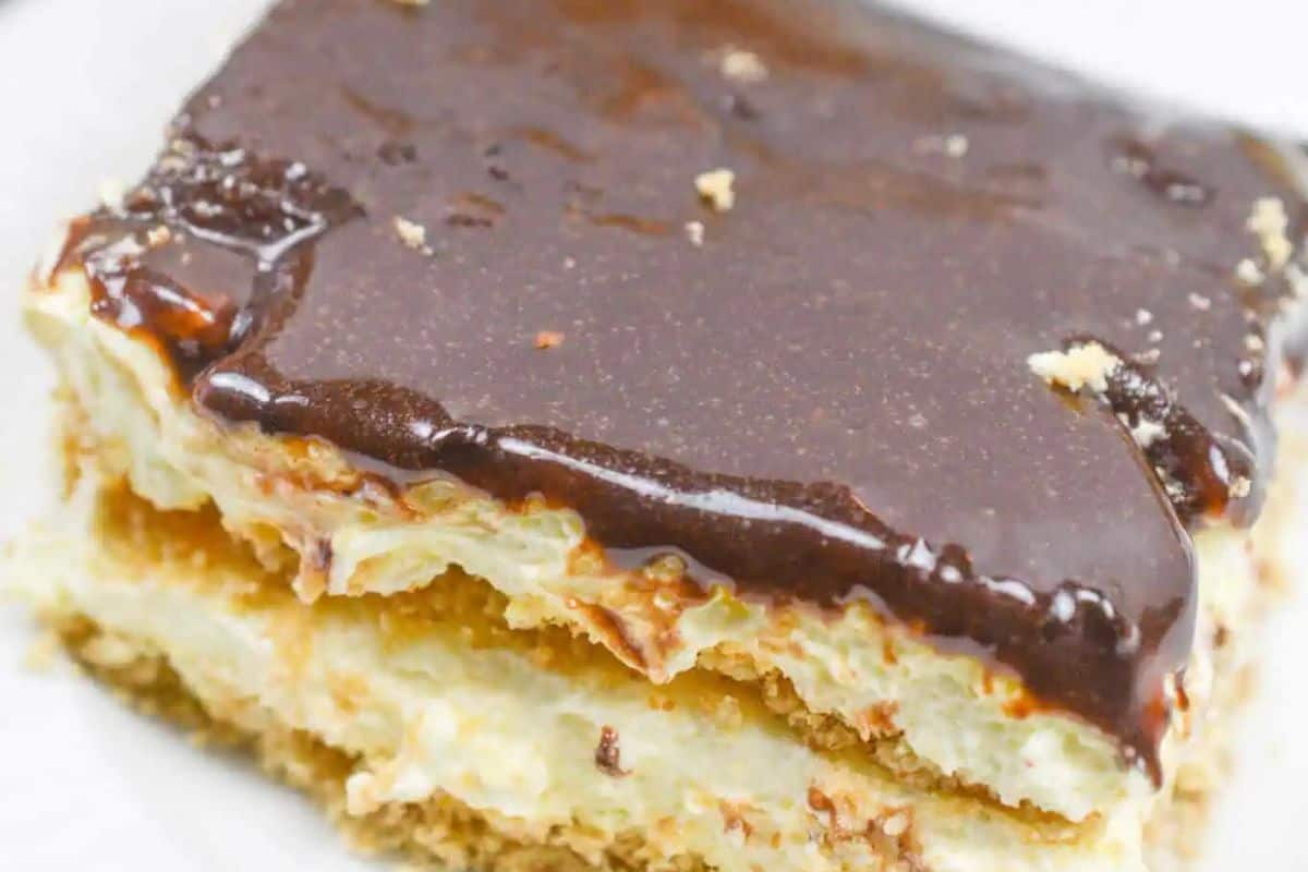 Indulge in this no-bake treat: a slice of chocolate eclair cake with a graham cracker crust, creamy filling, and rich chocolate glaze on top. Perfect for those mastering the dessert game!.