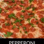 A glass dish filled with creamy Pepperoni Dip, topped with melted cheese, mini pepperoni slices, and chopped parsley.