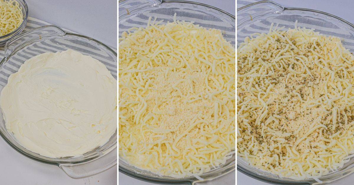 Three side-by-side images show the steps to make Pepperoni Dip: a glass dish with cream cheese, then with added shredded cheese, and finally topped with grated parmesan and seasonings.