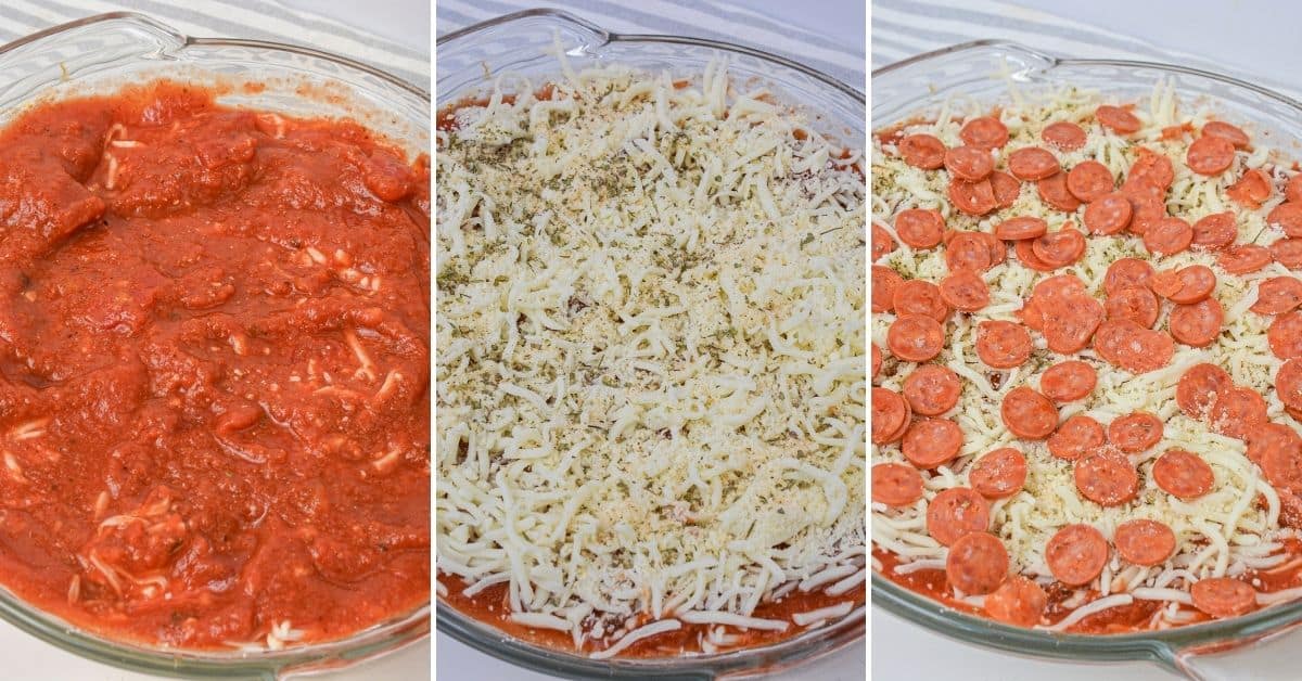 Three side-by-side images showcase glass baking dish, progressing from tomato sauce to layers of shredded cheese and herbs, and finally topped with sliced pepperoni.