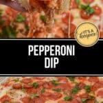A close-up of Pepperoni Dip topped with melted cheese and parsley, with a piece of bread being dipped into the cheesy, savory mixture.