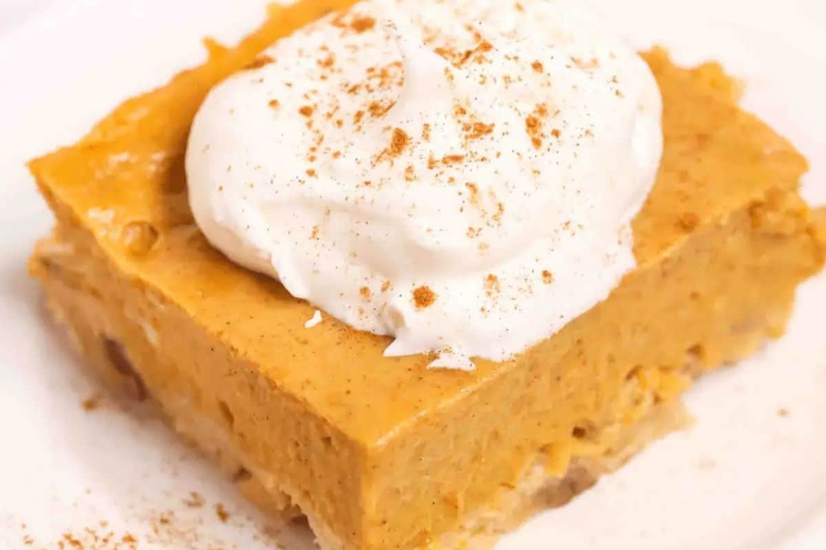 A slice of a pumpkin oatmeal bar topped with whipped cream and a sprinkle of cinnamon sits on a white plate, evoking the cozy flavors you'd find in spiced blondies or rich brownies.