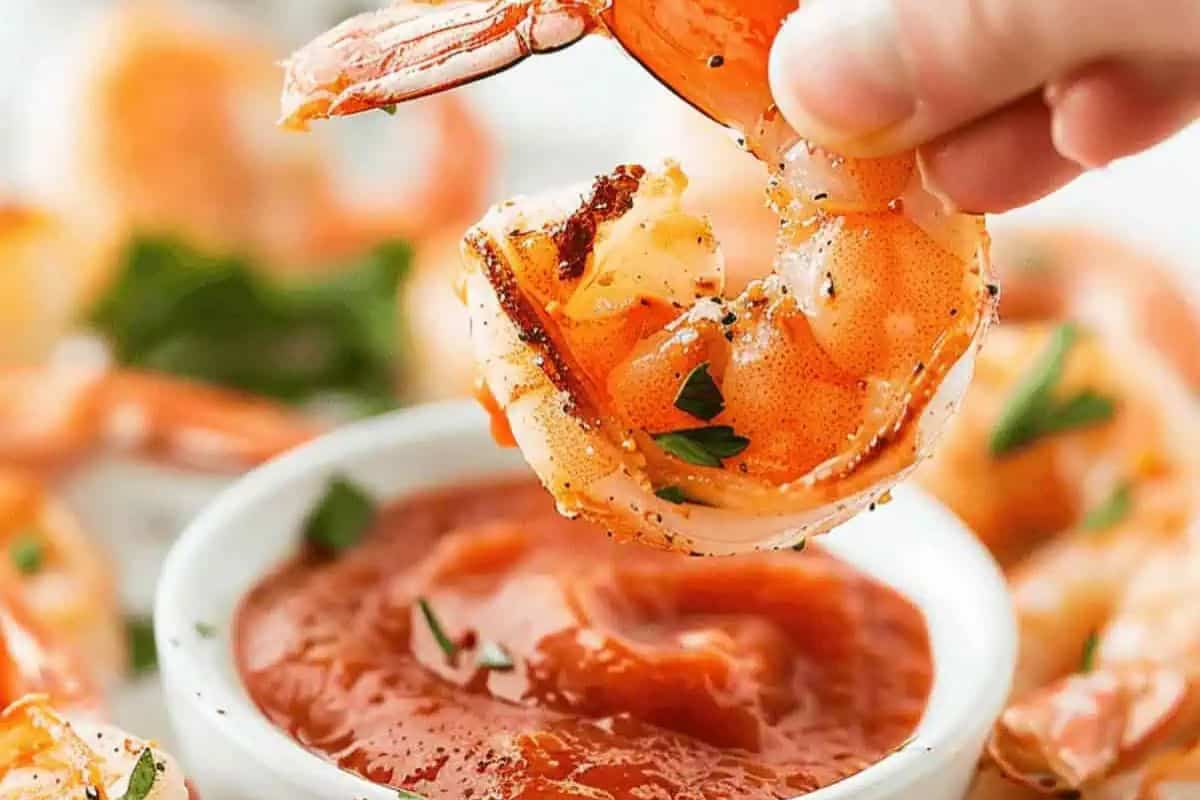 A hand dips a seasoned grilled shrimp into a small bowl of red cocktail sauce, with more shrimp in the background, perfect for festive Galentine’s Day gatherings.