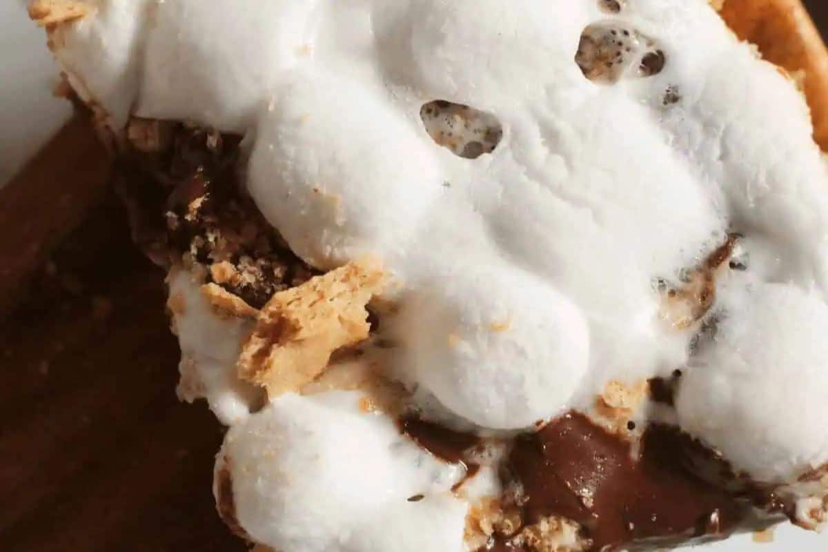 Close-up of a delectable dessert featuring melted marshmallows, chocolate, and graham cracker crumbs, artfully layered like a s'more-inspired bar.