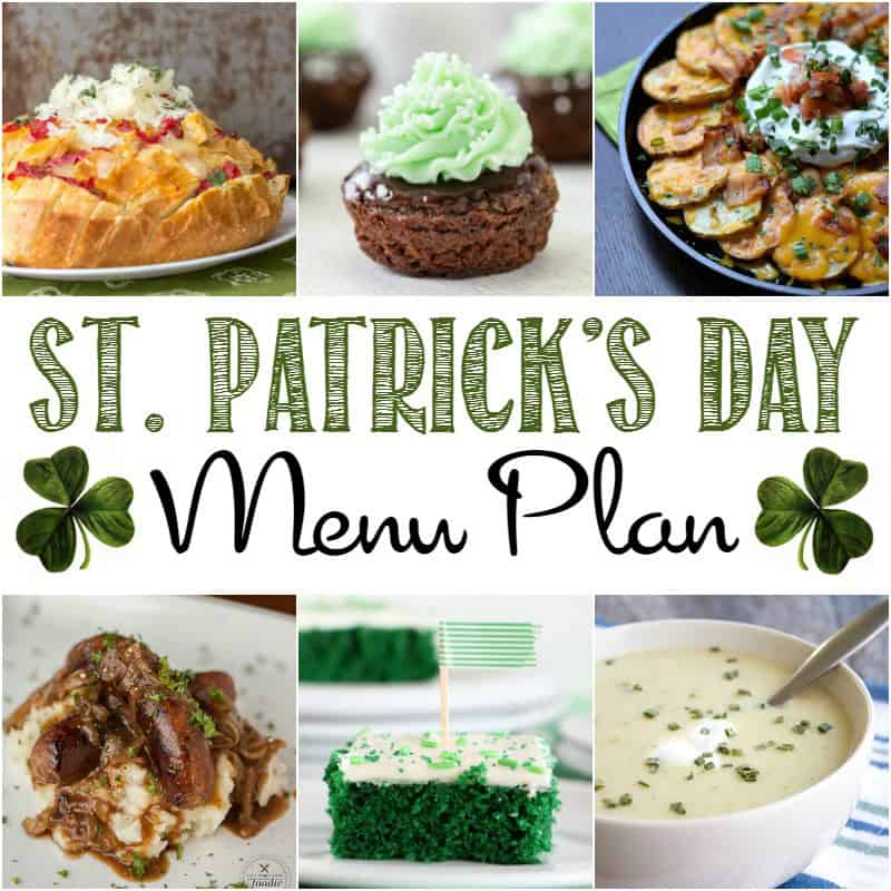 A collage of St. Patrick's Day-themed dishes, featuring loaded potatoes, mint cupcake, scalloped potatoes, and more. Celebrate with this Irish-inspired menu plan at the heart of your festivities.