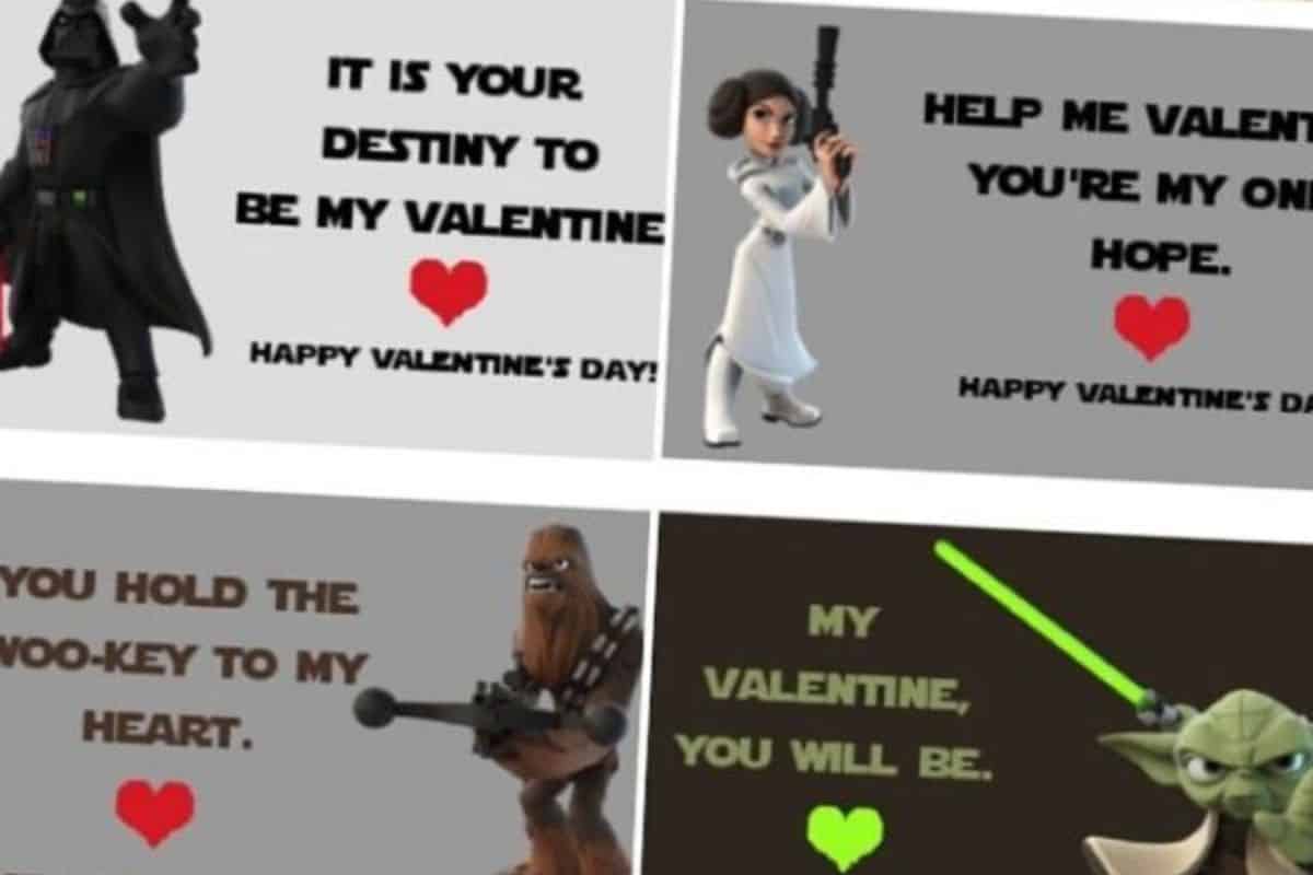 A collage of four creative Star Wars-themed Valentine’s Day cards featuring Darth Vader, Princess Leia, Chewbacca, and Yoda with playful puns and red heart graphics—perfect printable valentines for kids.