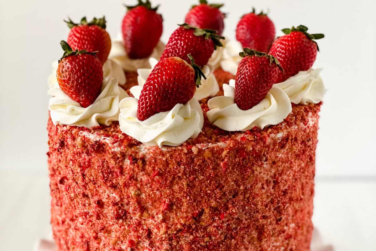 Celebrate Galentine’s Day with a delightful strawberry crunch cake, topped with whole strawberries and elegant swirls of whipped cream. This festive recipe is perfect for sharing with your besties!.