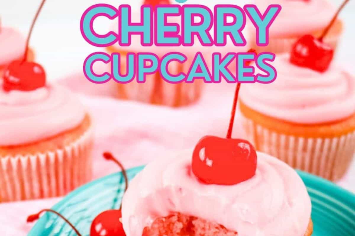 Cupcakes topped with pink frosting and cherries on a plate, with the text "Cherry Cupcakes" in bold letters above. Perfect for a sweeter party treat or exploring new cupcake recipes.