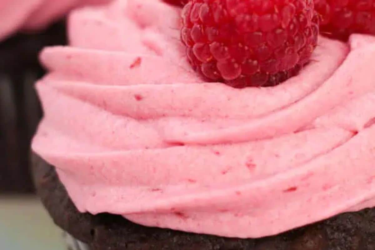 Close-up of a chocolate cupcake topped with pink raspberry frosting and a fresh raspberry—one of those creative treats that's perfect for bake sale treats or crowd-pleasing desserts.