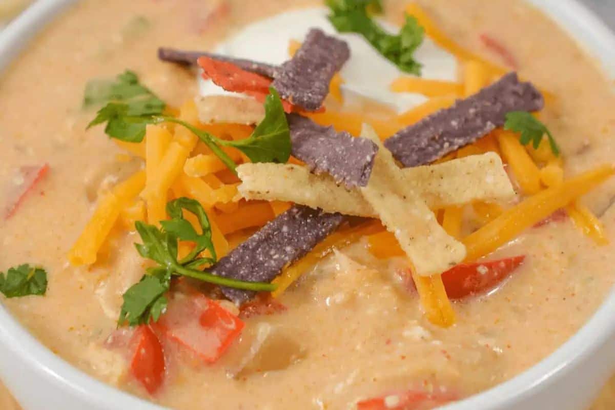A must-try bowl of creamy soup topped with shredded cheese, tortilla strips, fresh cilantro, and a dollop of sour cream—perfect for fans of chili recipes.