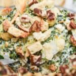 A close-up of spinach artichoke casserole topped with toasted bread crumbs and pecans, inspired by a classic Artichoke and Spinach Dip Recipe.