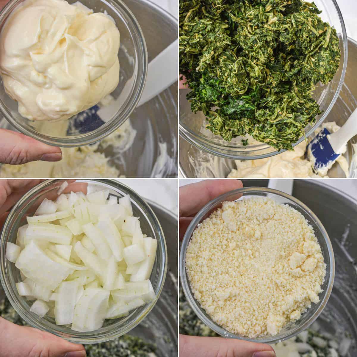 Four images show hands holding bowls with mayonnaise, chopped cooked spinach, diced onions, and grated parmesan cheese over a mixing bowl for an Artichoke and Spinach Dip recipe.