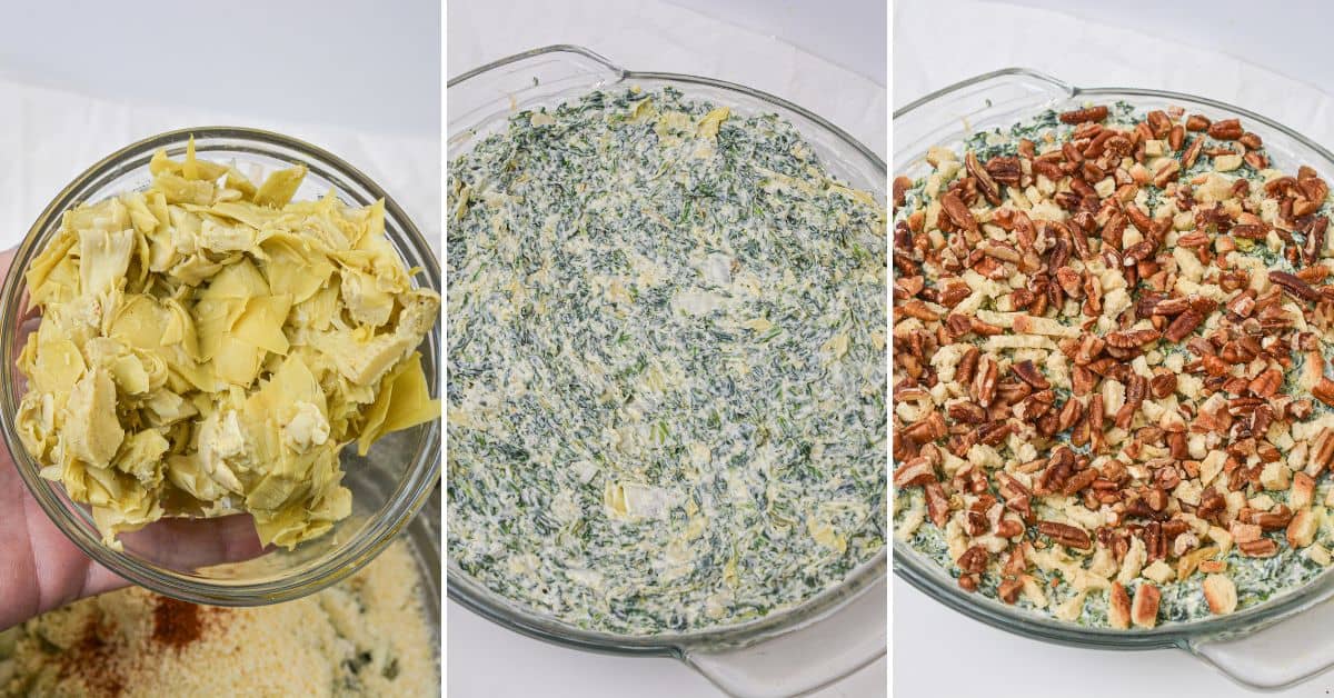 Three images show: chopped artichokes in a bowl, the Artichoke and Spinach Dip Recipe mixed in a dish, and the same dip topped with chopped pecans before baking.